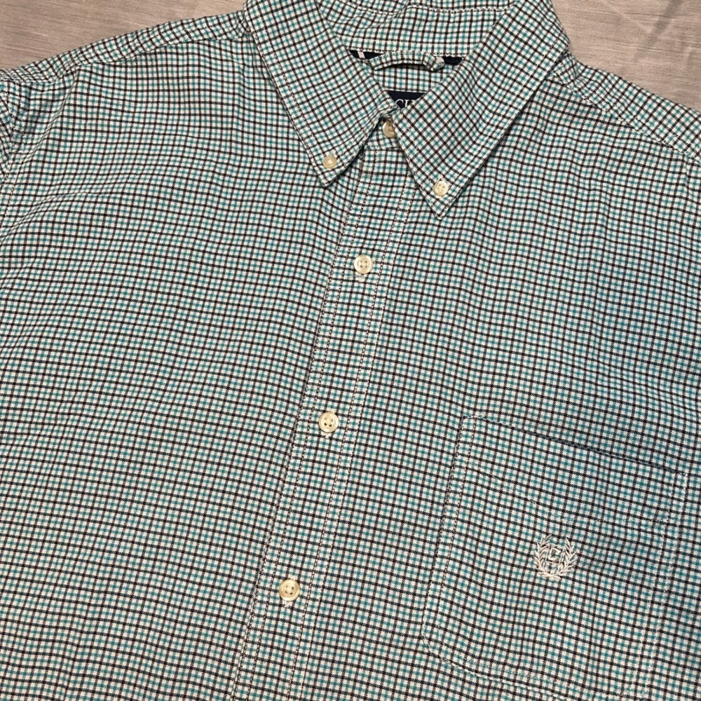 Chaps Mens Cotton Plaid Button Down Shirt XL Teal Navy Micro Check Long Sleeve